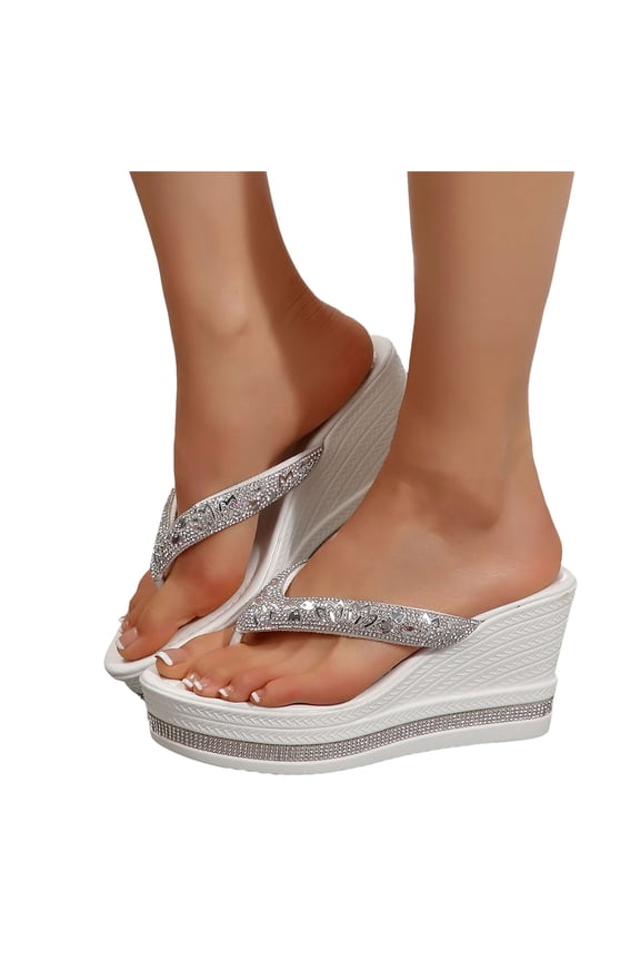 Platform Wedge Flip Flops for Women 2025 Rhinestones Sparkly Extra High Heels Slip on Slippers Thongs Sandals