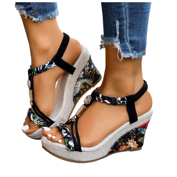 Platform Wedge Heels for Women Espadrilles Sandals Comfortable Open Toe Ankle Strap Boho Dressy Summer Slip on Shoes Black Size 7