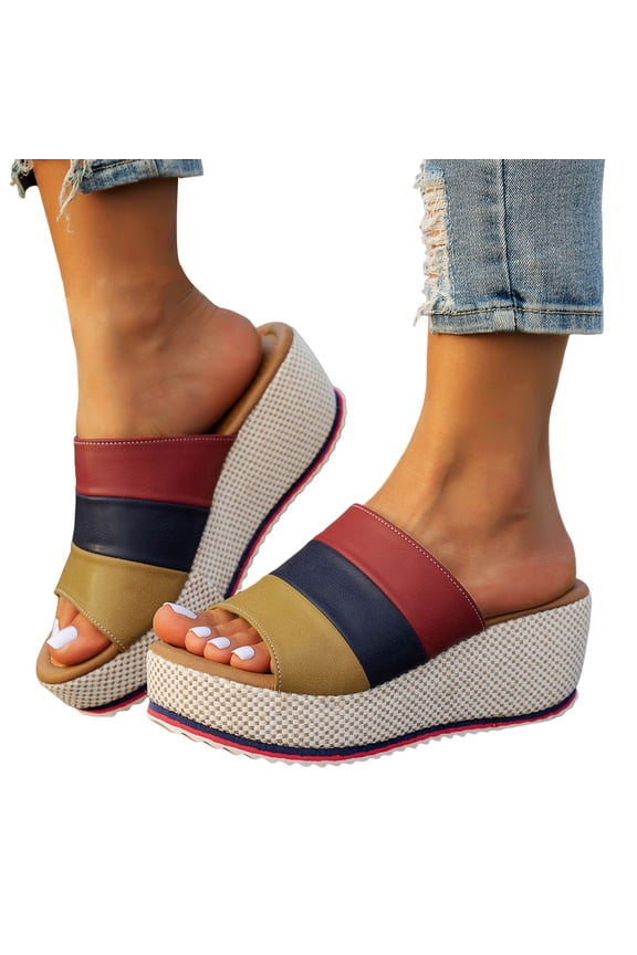 Platform Wedge Sandals for Women Fashion Color Block Splice Leather Band Slip on Slides Comfortable Footbed Arch Support Casual Wedges Slippers Red Size 6