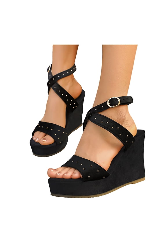 Platform Wedge Sandals Women Open Toe Suede Heels Fashion Studded Crooss Strap Comfy Arch Support Slingback Pumps Black Size 6