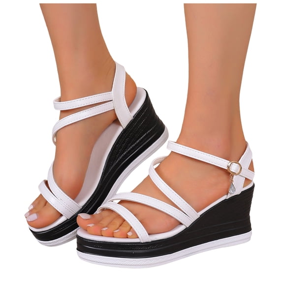 Platform Wedge Sandals Women Strappy Heels Open Toe Rhinestone Ankle Strap Pumps Shoes Casual Summer Dressy Shoes White Size 9