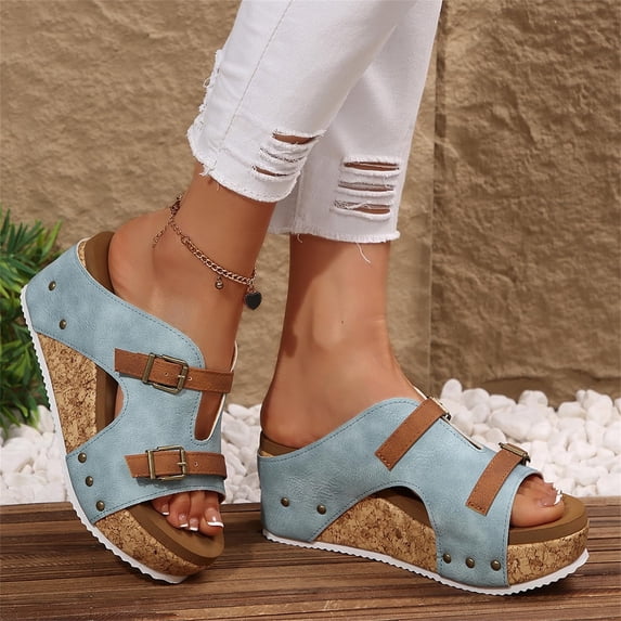 Platform Wedge Sandals Women's Sandals Women's Leather Sandals Easy Wear Orthopedic Comfort Non Adjustable Buckle Straps Open Toe Casual Dressy Summer Beach Outdoor Slides Sky Blue 7.5