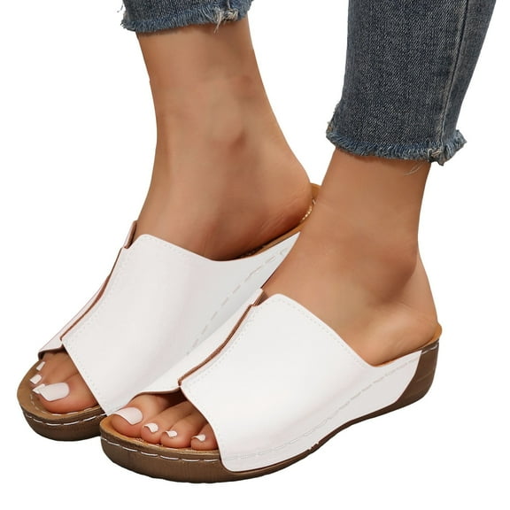 Platform Wedge Sandals for Women 2025 Trendy Leather Peep Open Toe Beach Slip on Summer Shoes Dress Slides