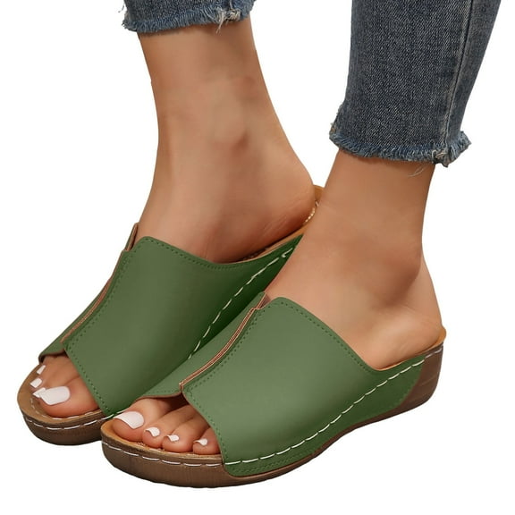 Platform Wedge Sandals for Women 2025 Trendy Leather Peep Open Toe Beach Slip on Summer Shoes Dress Slides