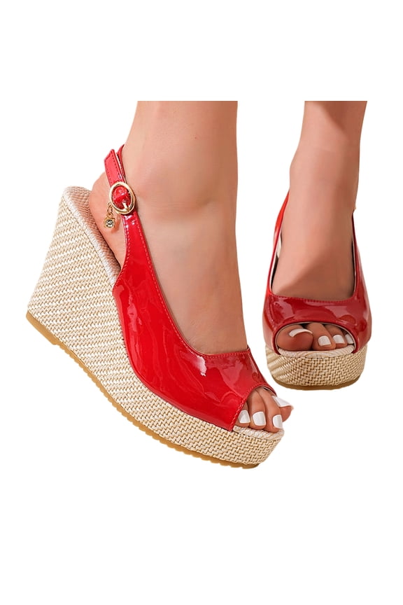 Platform Wedge Sandals for Women Comfortable Ankle Strap High Heel Wedges Fashion Leather Peep Toe Summer Dress Shoes Red Size 8.5