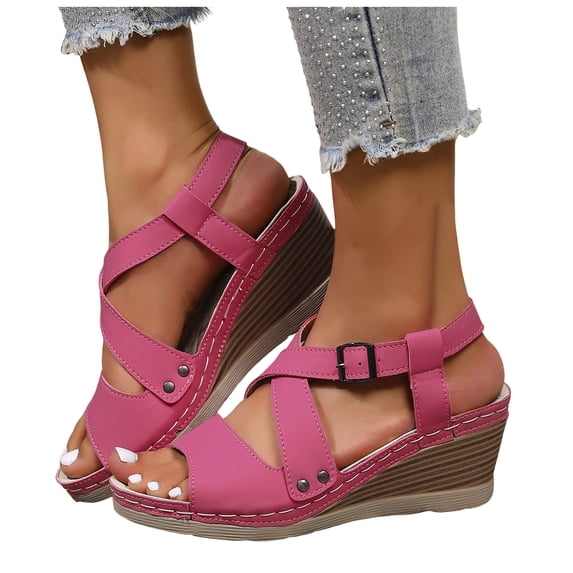Platform Wedge Sandals for Women Open Toe Buckle Strappy Slingback Heels Lightweight Summer Vacation Dress Shoes Hot Pink Size 9.5