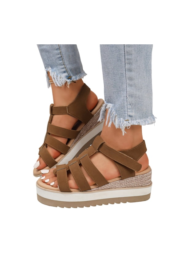 Platform Wedge Sandals for Women Open Toe Caged Gladiator Shoes Comfy Footbed Non Slip Casual Espadrilles Coffee Size 7