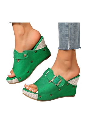 Platform Wedge Sandals for Women Open Toe Espadrilles Slip on High Wedges Slides Summer Vacation Shoes with Arch Support Size 6 Green