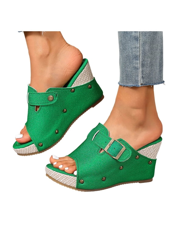 Platform Wedge Sandals for Women Open Toe Espadrilles Slip on High Wedges Slides Summer Vacation Shoes with Arch Support Size 9.5 Green