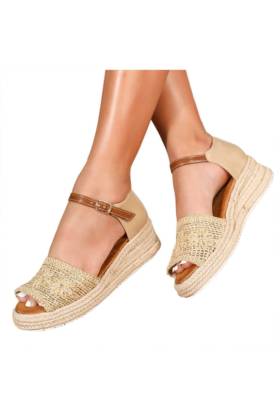 Platform Wedge Sandals for Women Open Toe Knitted Upper Espadrilles Beach Shoes Adjustable Buckles Strap Dressy Sandal Beige 8.5