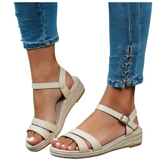 Platform Wedge Sandals for Women Open Toe Knitted Upper Espadrilles Beach Shoes Adjustable Buckles Strap Dressy Sandal White 7