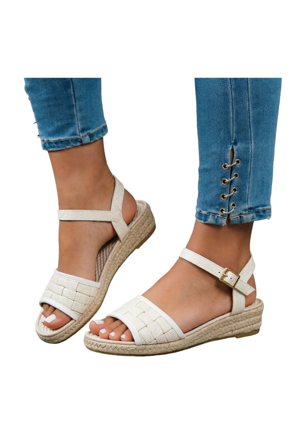 Platform Wedge Sandals for Women Open Toe Knitted Upper Espadrilles Beach Shoes Adjustable Buckles Strap Dressy Sandal White 7