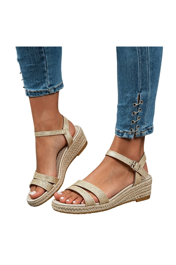 Platform Wedge Sandals for Women Open Toe Knitted Upper Espadrilles Beach Shoes Adjustable Buckles Strap Dressy Sandal Yellow 6.5