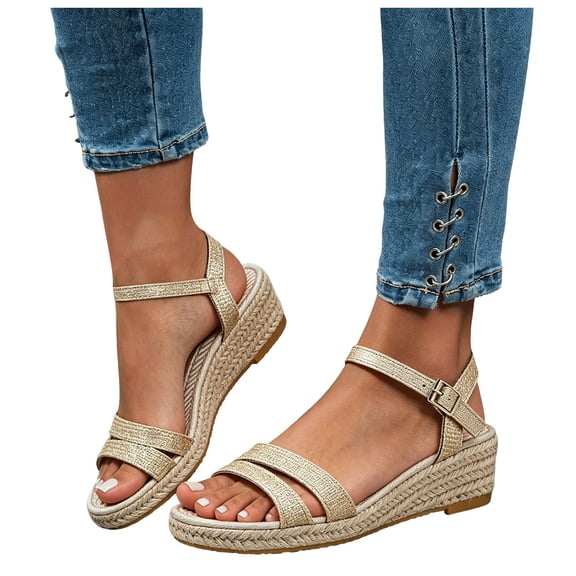 Platform Wedge Sandals for Women Open Toe Knitted Upper Espadrilles Beach Shoes Adjustable Buckles Strap Dressy Sandal Yellow 8.5