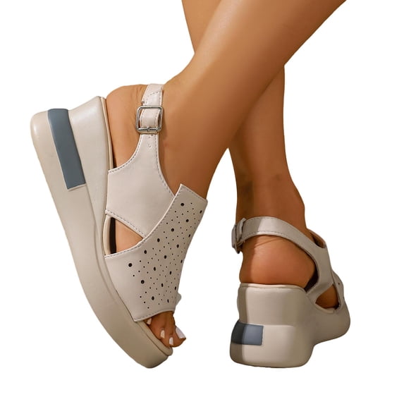 Platform Wedge Sandals for Women Open Toe Slingback Heels Comfortable Soft Footbed Buckle Ankle Strap Walking Shoes Beige Size 9