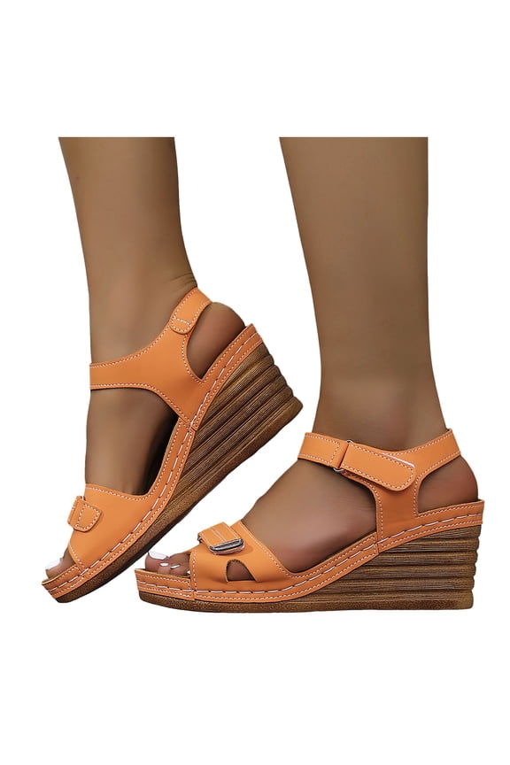 Platform Wedge Sandals for Women Open Toe Slingback Heels Hook and Loop Beach Vacation Breathable Comfy Orthopedic Walking Shoes Orange Size 7