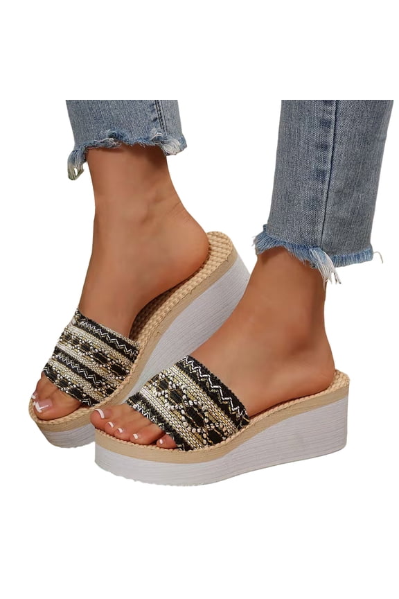 Platform Wedge Sandals for Women Slip On Espadrille Beach Slippers Casual Open Toe Arch Support Walking Shoes Black Size 9