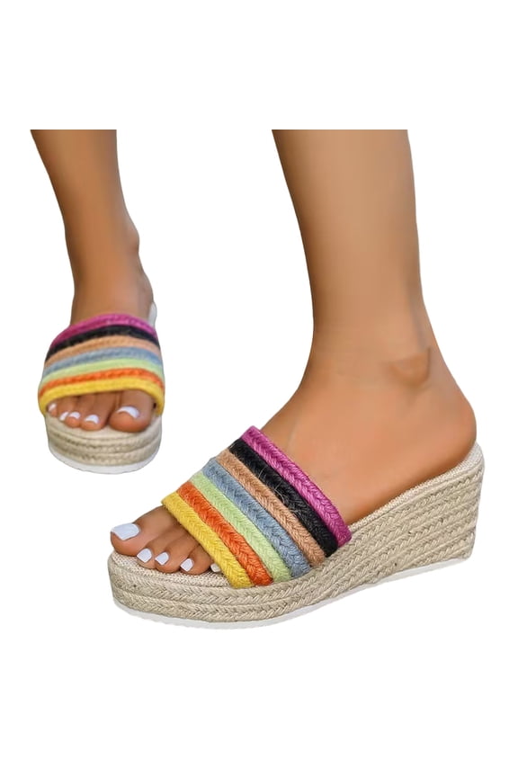 Platform Wedge Sandals for Women Summer Open Toe Espadrilles Color Block Braided Band Fashionable Slip on Slides Beige Size 6.5