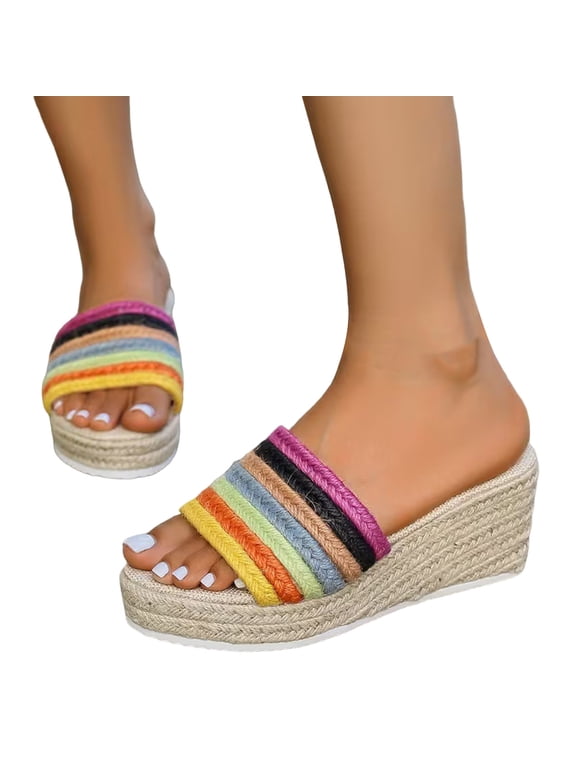 Platform Wedge Sandals for Women Summer Open Toe Espadrilles Color Block Braided Band Fashionable Slip on Slides Beige Size 7