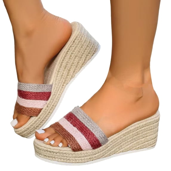 Platform Wedge Sandals for Women Summer Open Toe Espadrilles Color Block Braided Band Fashionable Slip on Slides Beige Size 8