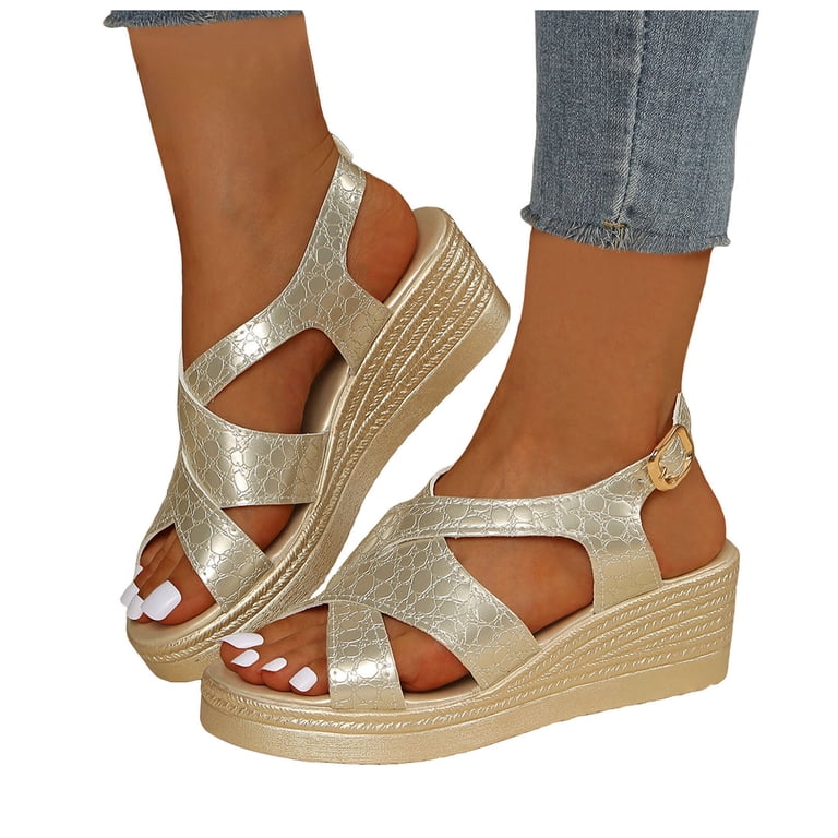 gold wedge dress sandals Mostsola Platform for Women Vintage Pattern Open Toe Strappy Summer Slingback Wedges Heels Size 9.5, Women's F21