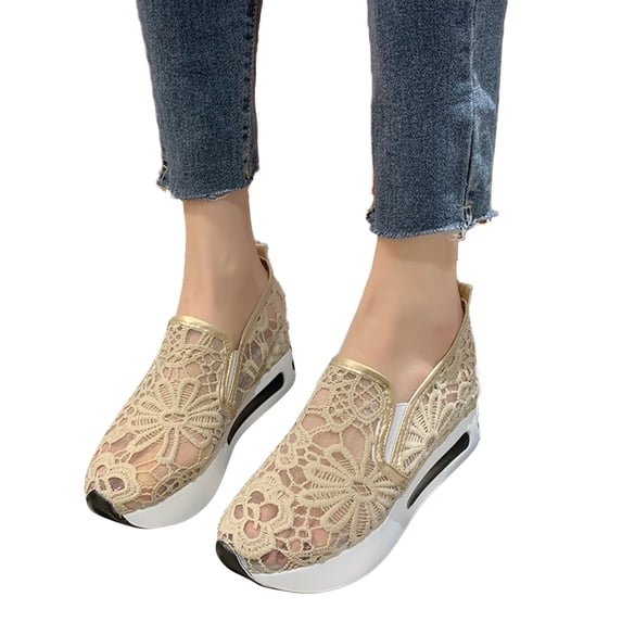 Platform Wedge Slip On Sneakers for Women Floral Embroidery Breathable Lace Orthopedic Lightweight Dress Shoes