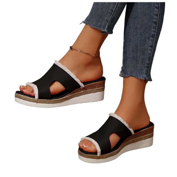 Platform Wedge Slip on Sandals for Women 2025 Boho Tassel Beach Casual High Heel Dressy Mules Sandals