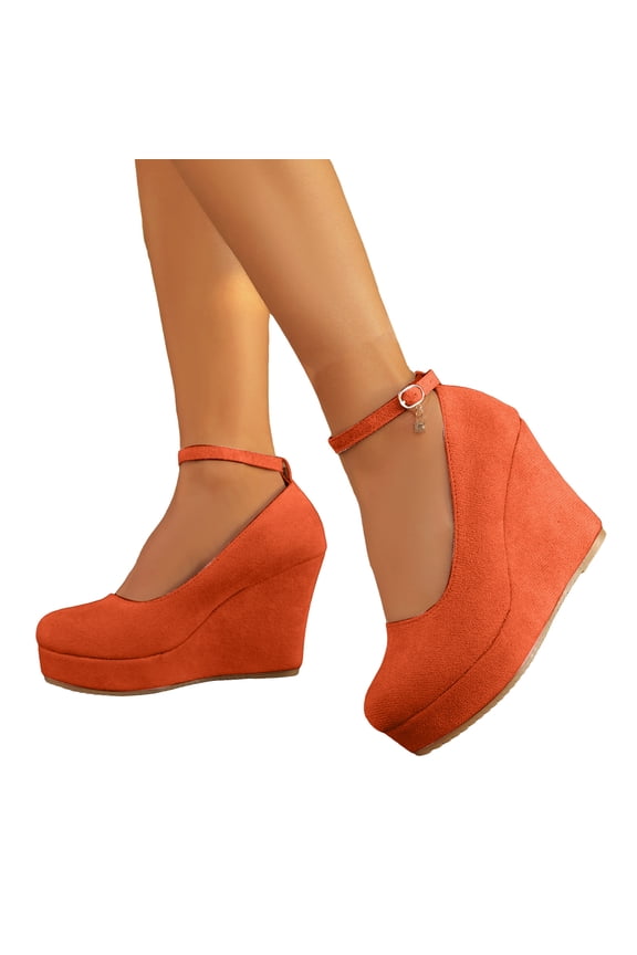 Platform Wedge Suede Loafers for Women Round Toe Chunky Heel Non Slip Casual Dressy Shoes with Ankle Strap Orange Size 7