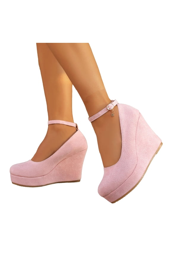 Platform Wedge Suede Loafers for Women Round Toe Chunky Heel Non Slip Casual Dressy Shoes with Ankle Strap Pink Size 6.5
