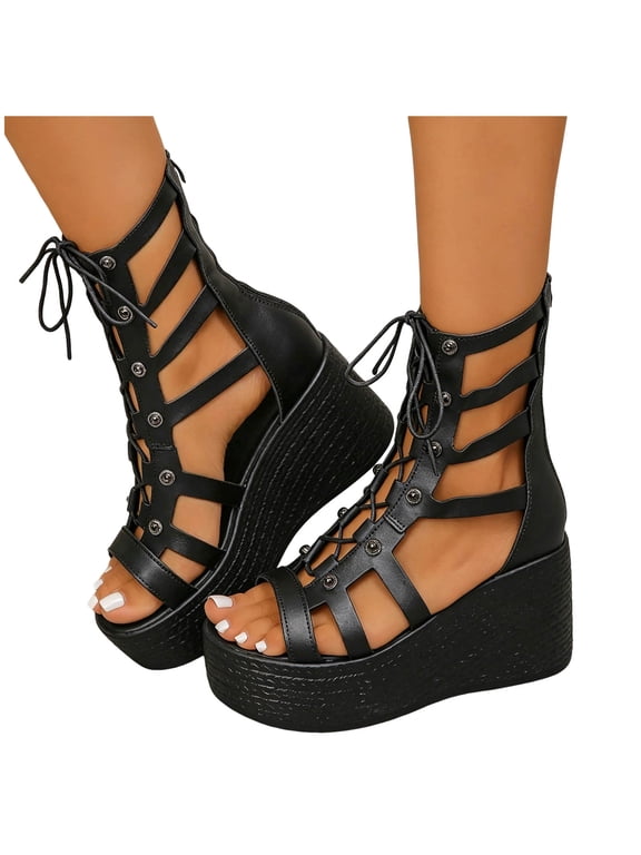 Platform Wedges Gladiator Sandals for Women Open Toe Lace up Caged Fashion Streetwear Dress Shoes with Side Zipper Black Size 7