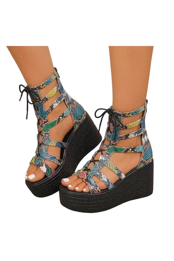 Platform Wedges Gladiator Sandals for Women Open Toe Lace up Caged Fashion Streetwear Dress Shoes with Side Zipper Green Size 9.5