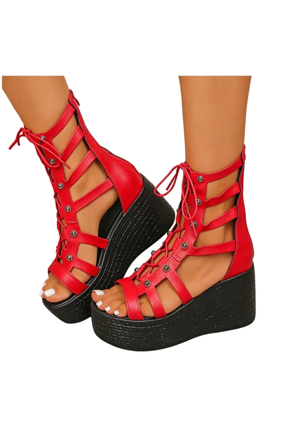 Platform Wedges Gladiator Sandals for Women Open Toe Lace up Caged Fashion Streetwear Dress Shoes with Side Zipper Red Size 6