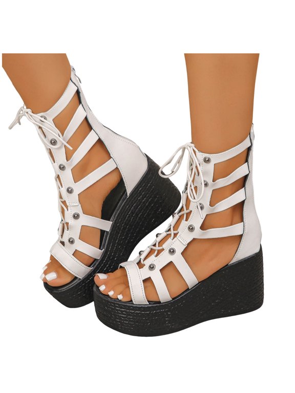 Platform Wedges Gladiator Sandals for Women Open Toe Lace up Caged Fashion Streetwear Dress Shoes with Side Zipper White Size 9.5