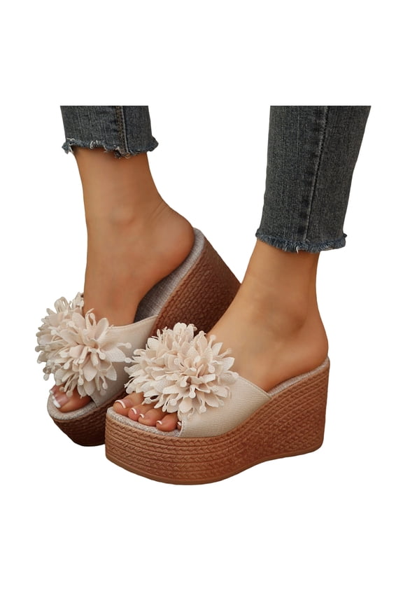 Platform Wedges Heels foe Women Espadrilles Sandals Open Toe Flower Casual Slip on Slides High Heeled Mules Beige Size 9.5