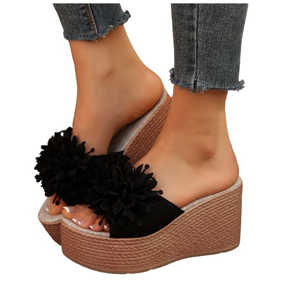 Platform Wedges Heels foe Women Espadrilles Sandals Open Toe Flower Casual Slip on Slides High Heeled Mules Black Size 9.5