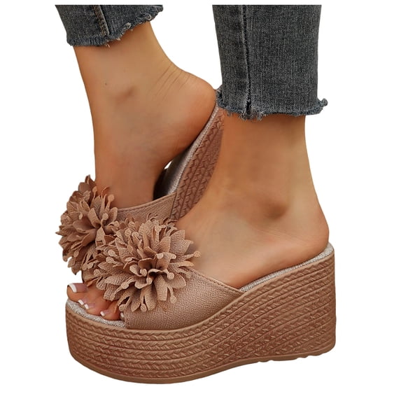 Platform Wedges Heels foe Women Espadrilles Sandals Open Toe Flower Casual Slip on Slides High Heeled Mules Brown Size 8