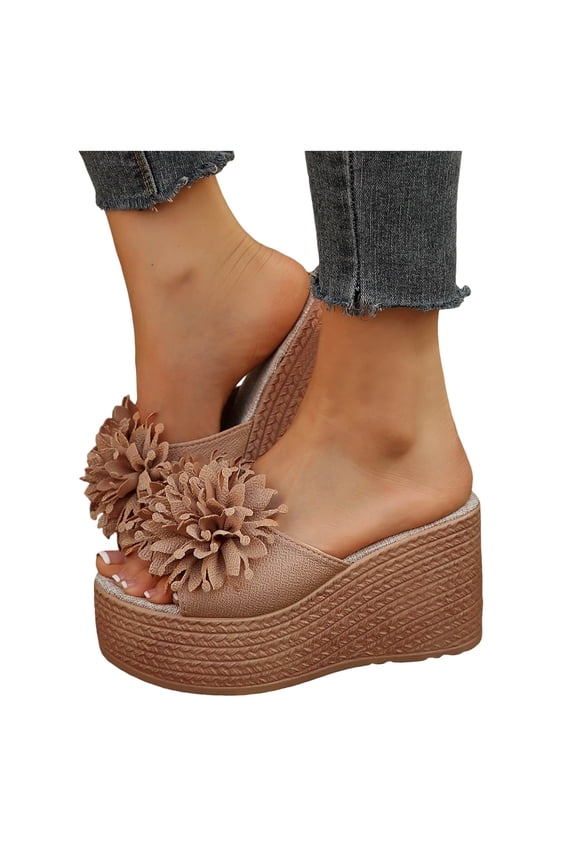 Platform Wedges Heels foe Women Espadrilles Sandals Open Toe Flower Casual Slip on Slides High Heeled Mules Brown Size 9