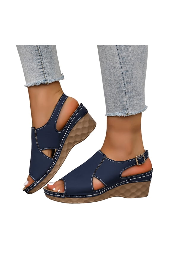 Platform Wedges Heels for Women Comfy Orthopedic Sandals Open Toe Splice Leather Back Strap Walking Shoes Blue Size 9