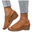 thumbnail image 1 of Platform Wedges Heels for Women Comfy Orthopedic Sandals Open Toe Splice Leather Back Strap Walking Shoes Brown Size 6.5, 1 of 7