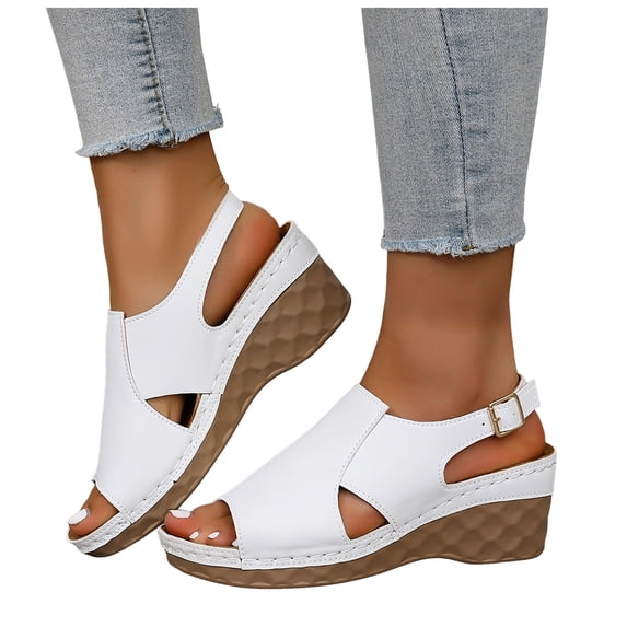 Platform Wedges Heels for Women Comfy Orthopedic Sandals Open Toe Splice Leather Back Strap Walking Shoes White Size 9.5