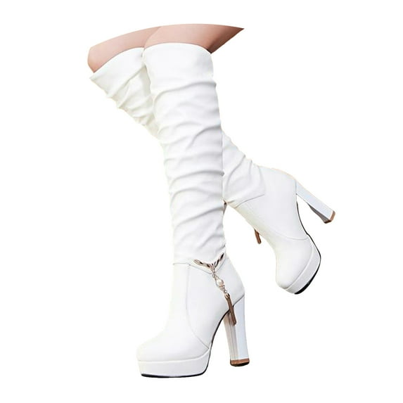 Platform White Knee High Boots for Women Stiletto High Heel Slouchy Boots Stretchy Party Festival Tall Boots