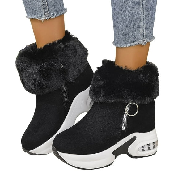 Platform Winter Boots for Women Air Cushion Thick Sole Suede Zip up Plush Warm Booties Casual Fashion Cold Weather Sneakers Black Size 6
