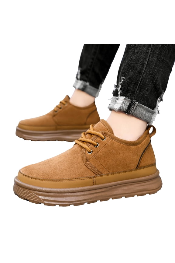 Platform Work Boots for Men Suede Lace up Fuzzy Ankle Snow Booties Low Top Winter Business Casual Shoes Brown 10