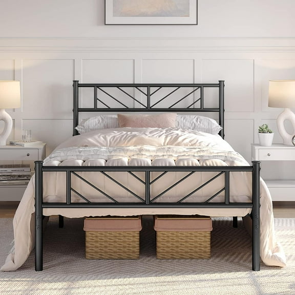 Platform bed frame, arrow-shaped headboard, metal mattress base, with storage function, no need for a spring mattress, easy to assemble, modern style, black