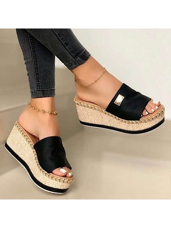 Platformed Slippers for Women Denim Canvas Espadrille Platformed Slippers Wedge Heel Slides Beach Vacation Travel Outdoor Party Summer Outfits