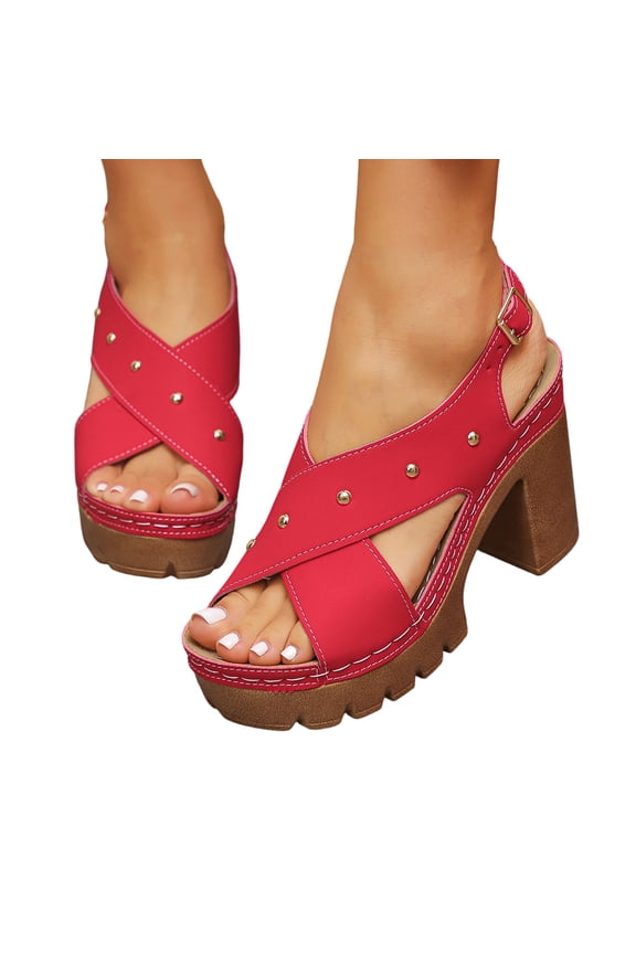 Platforms Heeled Sandals for Women Open Toe Ankle Strap Summer Dressy Sandals Chunky Block Heel Solid Color Comfort Vintage Trendy Dressy Non Slip Breathable Walking Casual Shoes