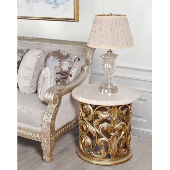Champagne Platine Hand Carved Round Side Table With Creama Marfil Marble 24 Inches Tall