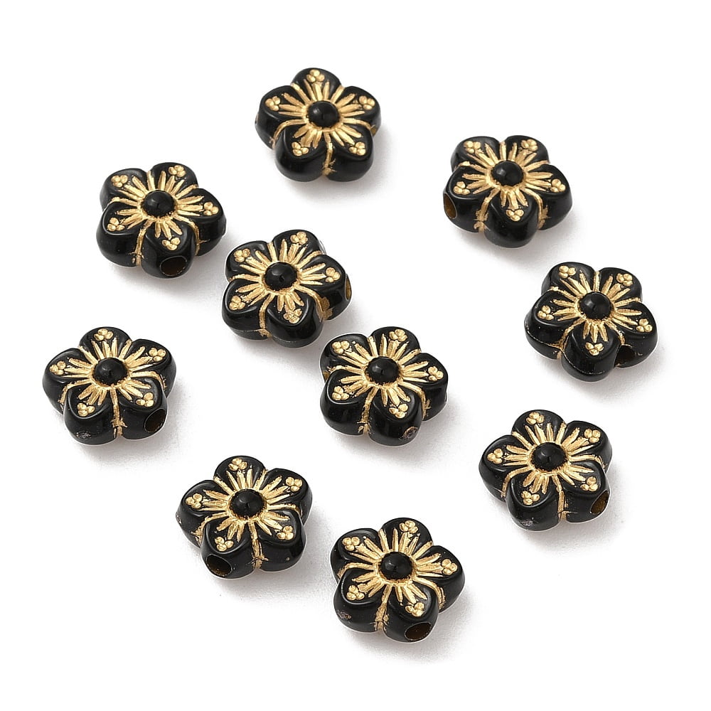 Plating Acrylic Beads Golden Metal Enlaced Flower Black 8.5x9x4.5mm Hole: 1.6mm about 3110pcs/500g