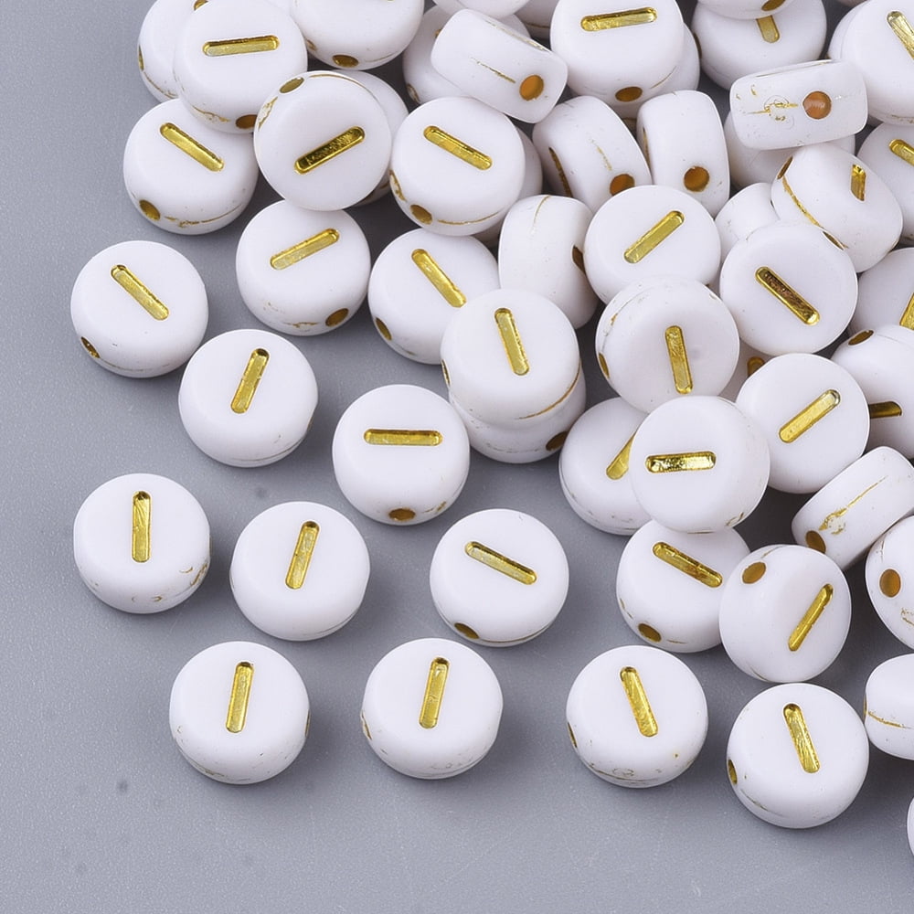Plating Acrylic Beads Golden Metal Enlaced Horizontal Hole Flat Round with Alphabet White Letter.I 7x3.5mm Hole: 1.2mm 3600pcs/500g diy