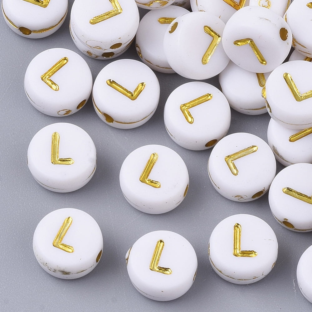 Plating Acrylic Beads Golden Metal Enlaced Horizontal Hole Flat Round with Alphabet White Letter.L 7x3.5mm Hole: 1.2mm 3600pcs/500g